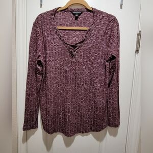 Rock & Republic Long Sleeve Ribbed Blouse with Lace-Up Detail, EUC